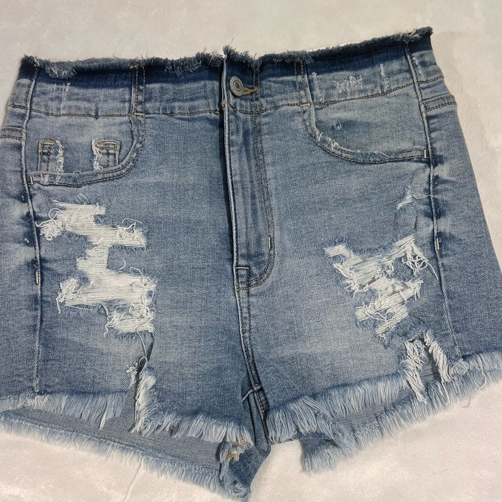 AMERICAN EAGLE SUPER HI-RISE SHORTIE WOMEN'S BLUE DENIM JEAN SHORTS SIZE 4 NWT - Picture 1 of 8